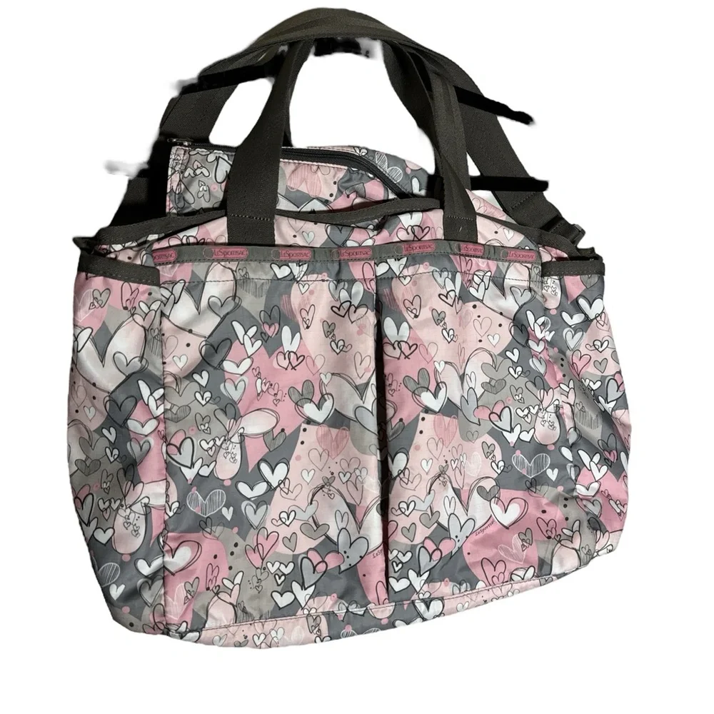 LeSportsac Ryan Diaper Bag Ryan Baby Diaper Tote Bag in Pink Gray Hearts